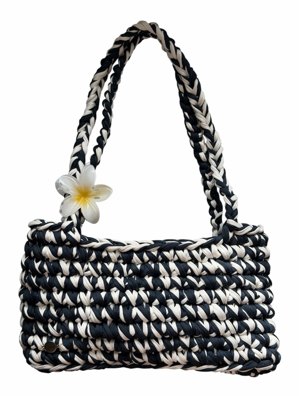 Woven Navy & Cream Floral Accent Shoulder Bag